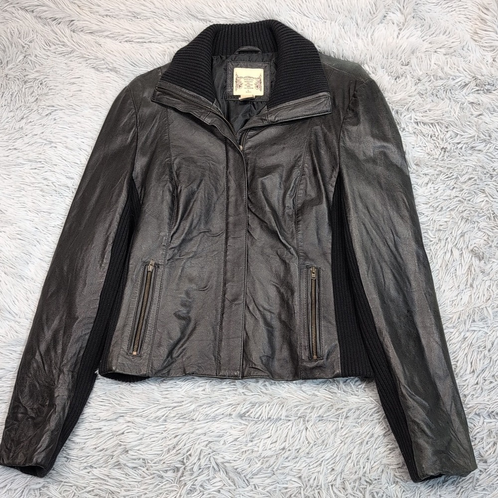 Ruff Hewn‎ Jacket Womens L Black Leather Zip Up Pockets Softshell Preppy Comfort